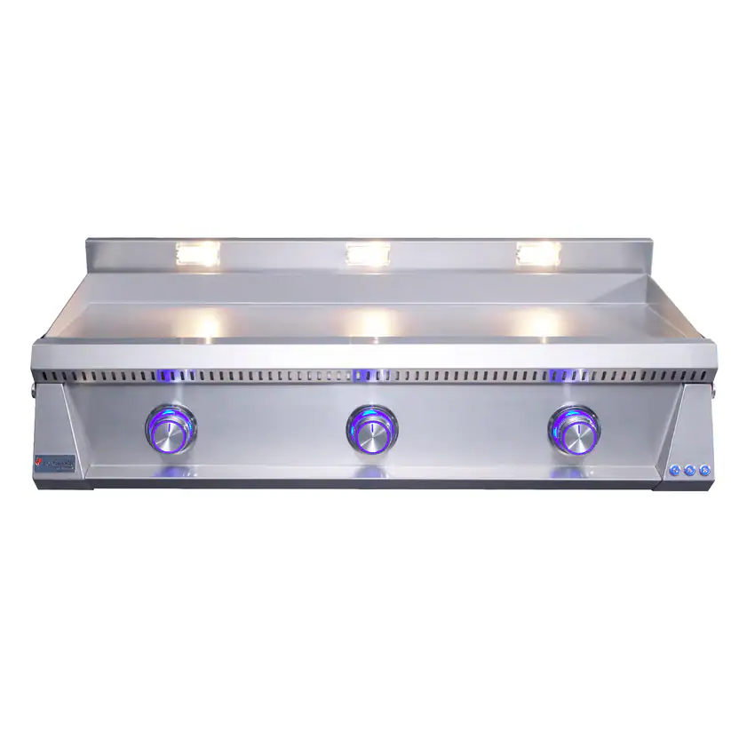 Le Griddle Pro Series built-in griddle with blue LED-lit knobs and lit back shelf
