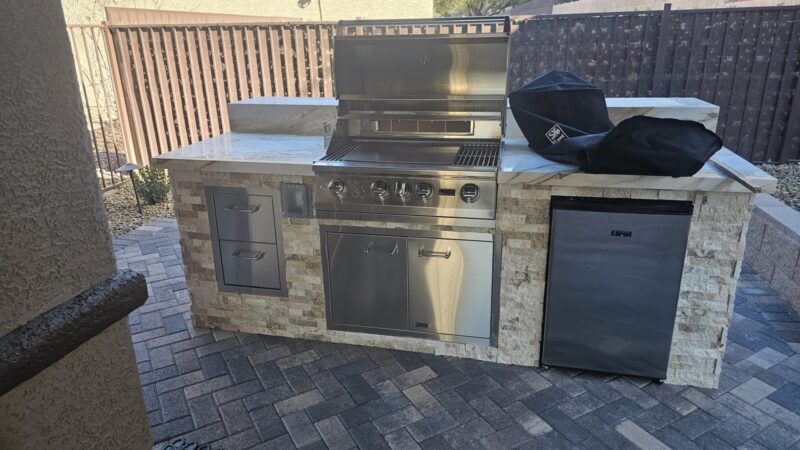 Custom BBQ Island in Sun City Anthem, Henderson — 7-Foot Travertine & Lion Build
