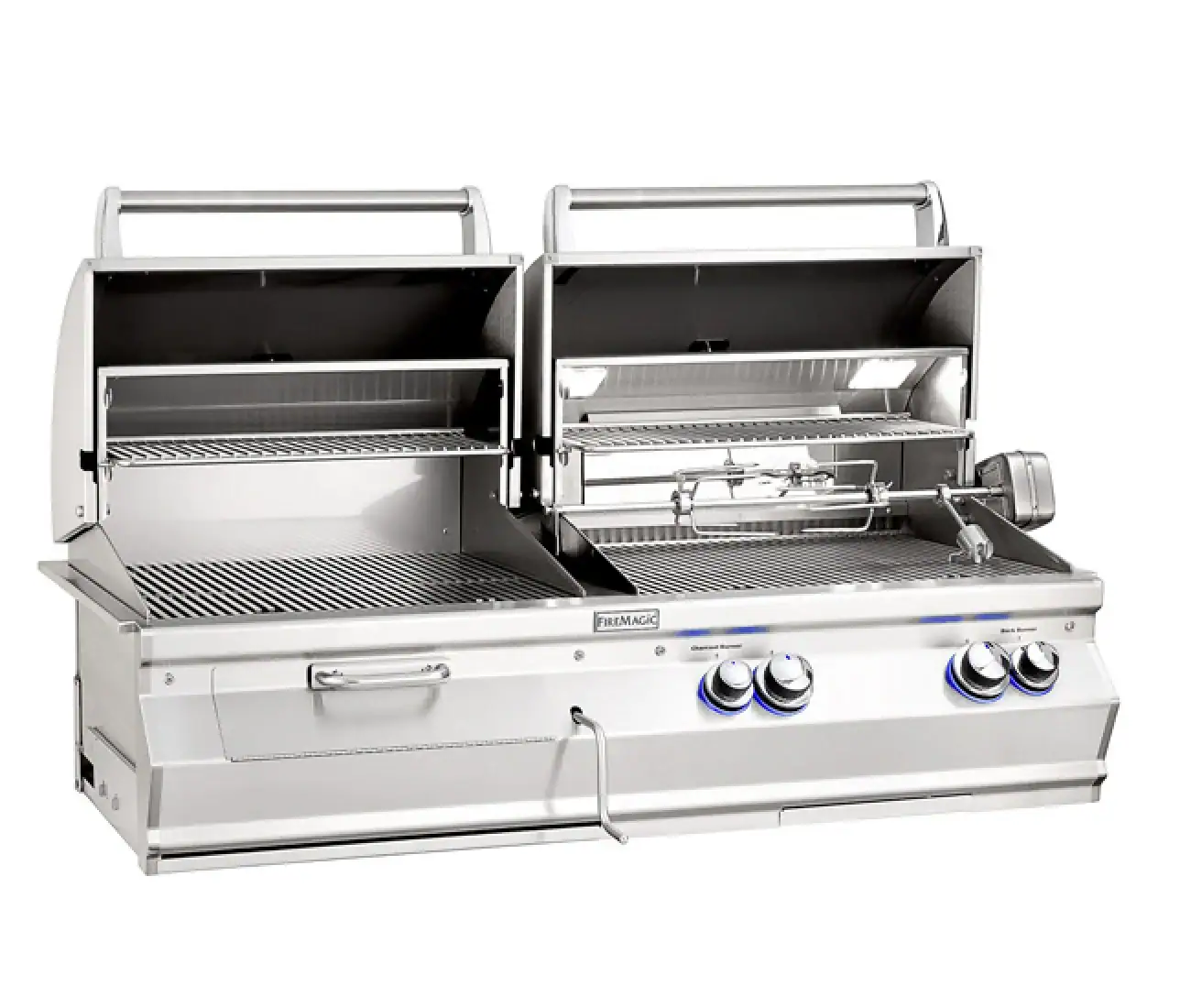 Fire Magic Aurora A830i built-in charcoal and gas combo grill with rotisserie