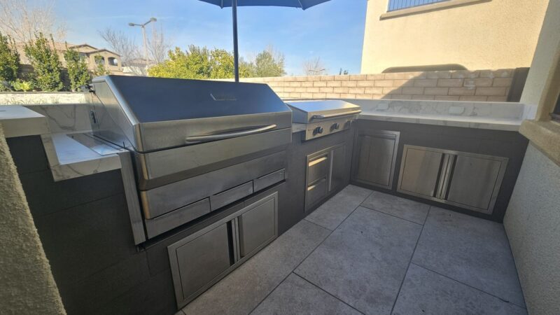 L-Shaped Outdoor Kitchen in The Paseos, Summerlin — Pellet Grill & Le Griddle Combo